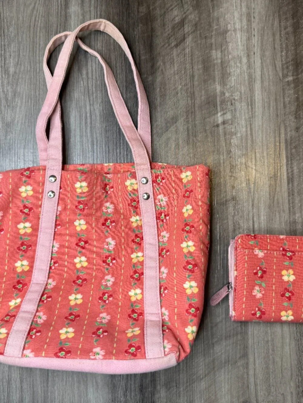 Longaberger pink floral tote and matching wallet set (preowned)
